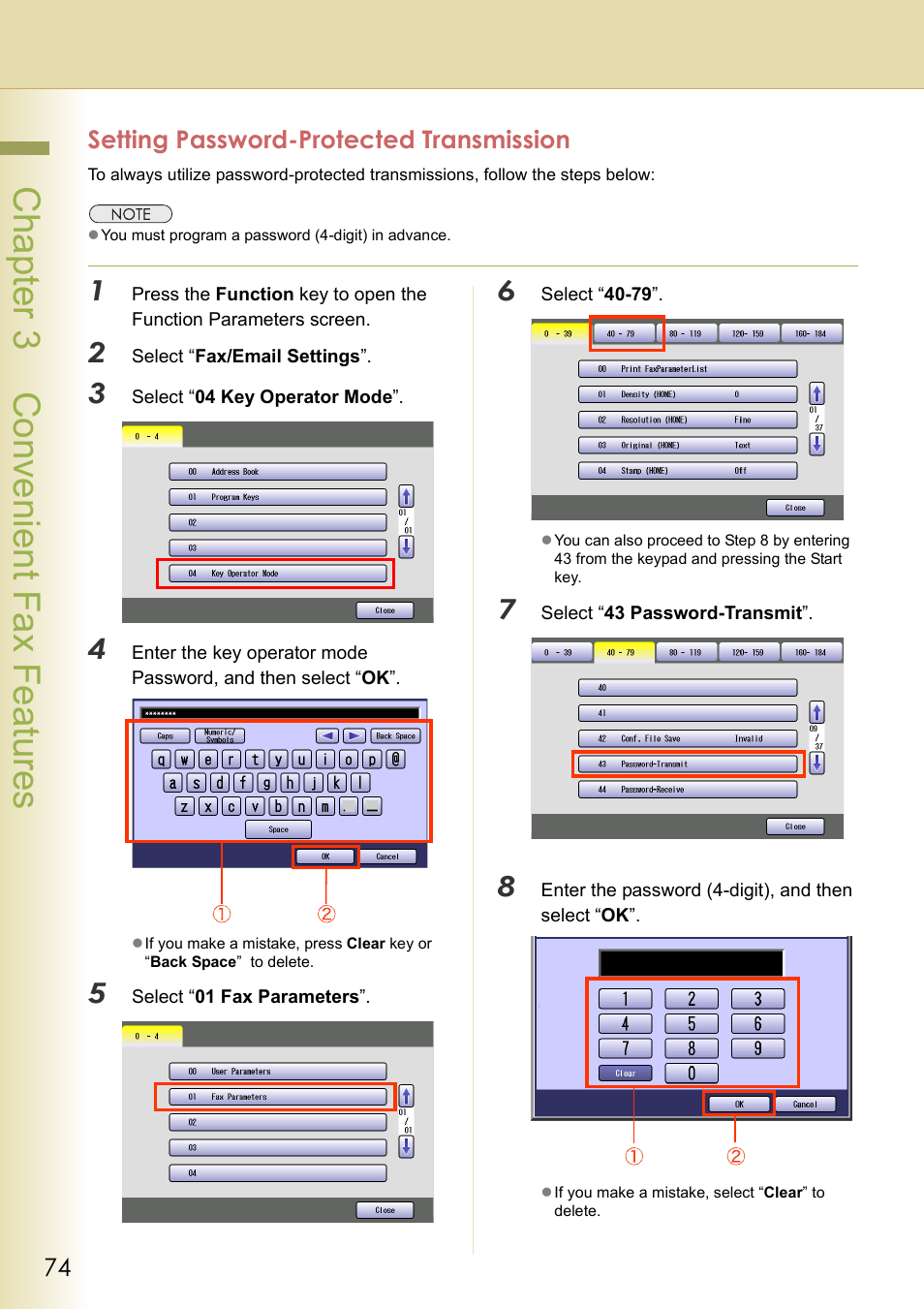 Setting password-protected transmission, Chapter 3 convenient fax f eatures | Panasonic DP-C354 User Manual | Page 74 / 220