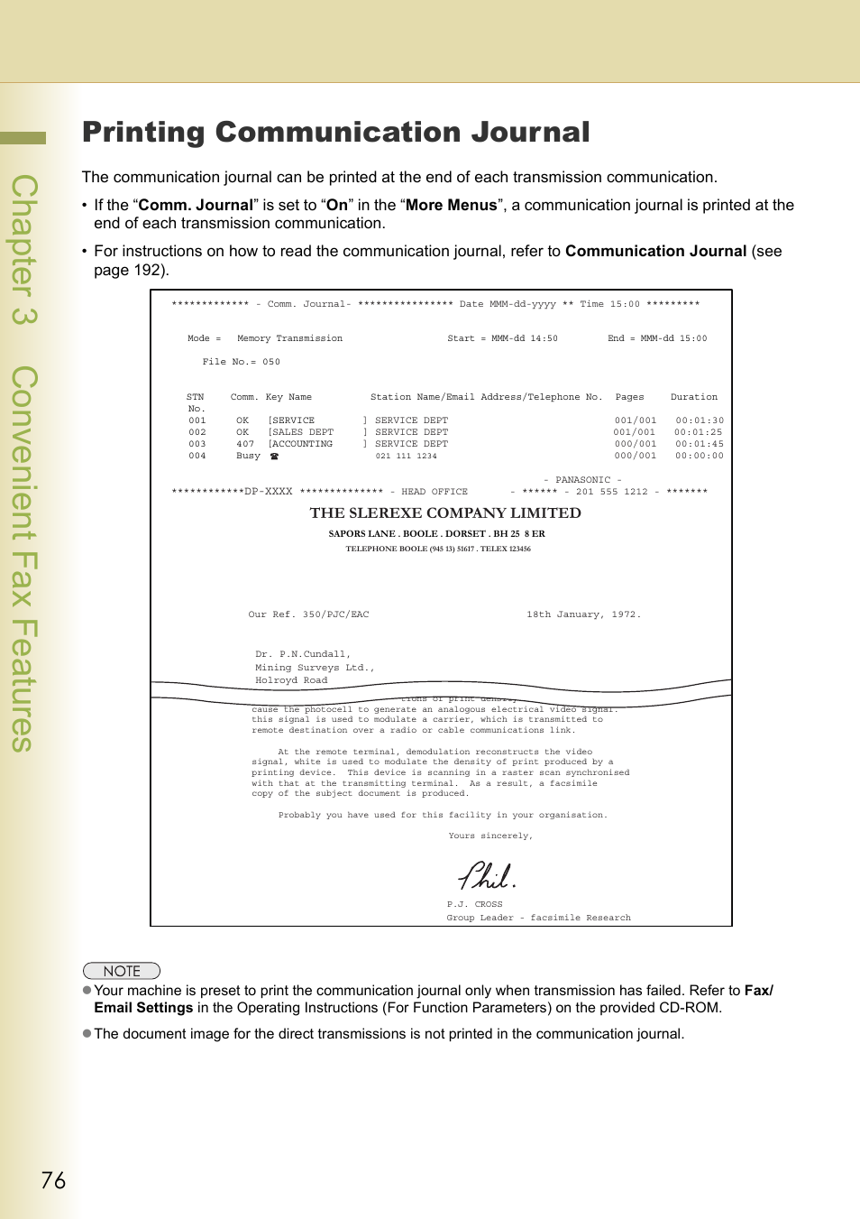 Printing communication journal, Chapter 3 convenient fax f eatures, The slerexe company limited | Panasonic DP-C354 User Manual | Page 76 / 220