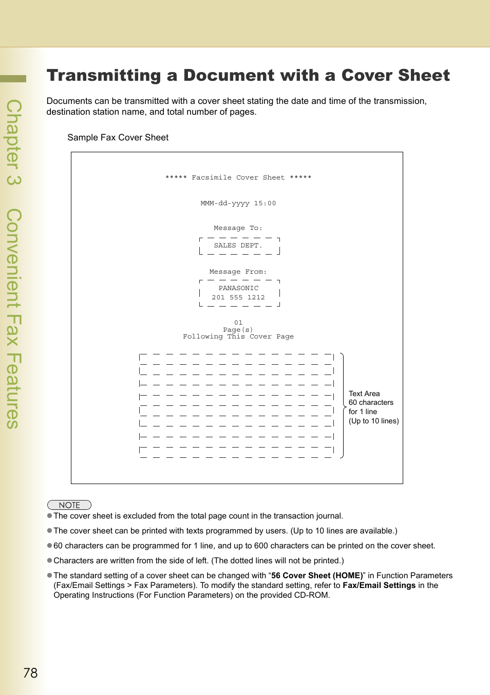 Transmitting a document with a cover sheet, Chapter 3 convenient fax f eatures | Panasonic DP-C354 User Manual | Page 78 / 220