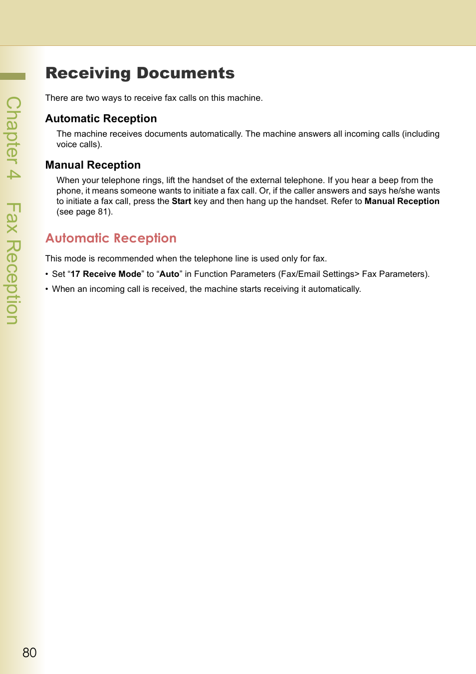 Fax reception, Receiving documents, Automatic reception | Chapter 4 fax reception, Cha pter 4 fax recep tio n | Panasonic DP-C354 User Manual | Page 80 / 220