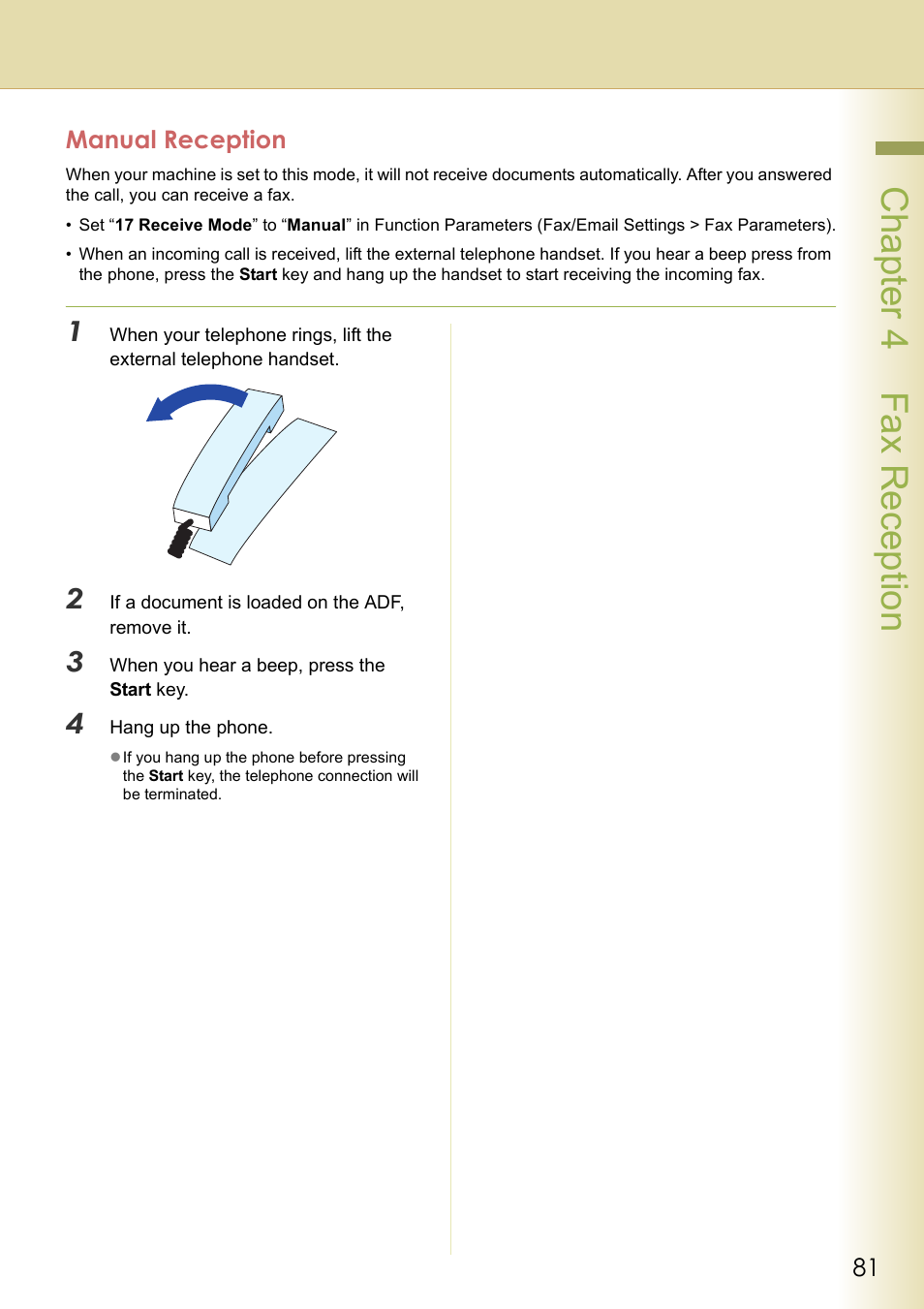 Manual reception, Cha pter 4 fax recep tio n | Panasonic DP-C354 User Manual | Page 81 / 220