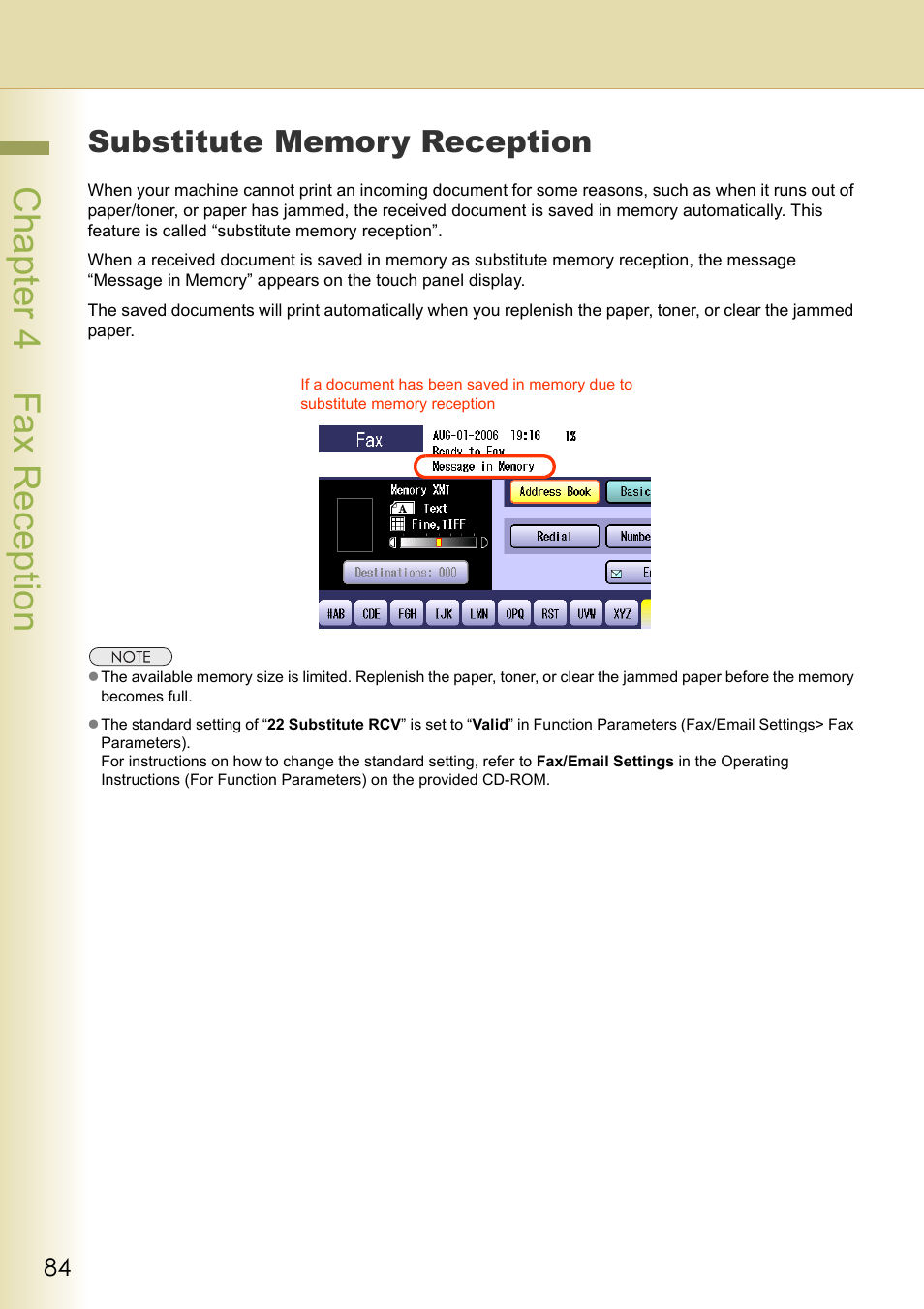 Substitute memory reception, Cha pter 4 fax recep tio n | Panasonic DP-C354 User Manual | Page 84 / 220