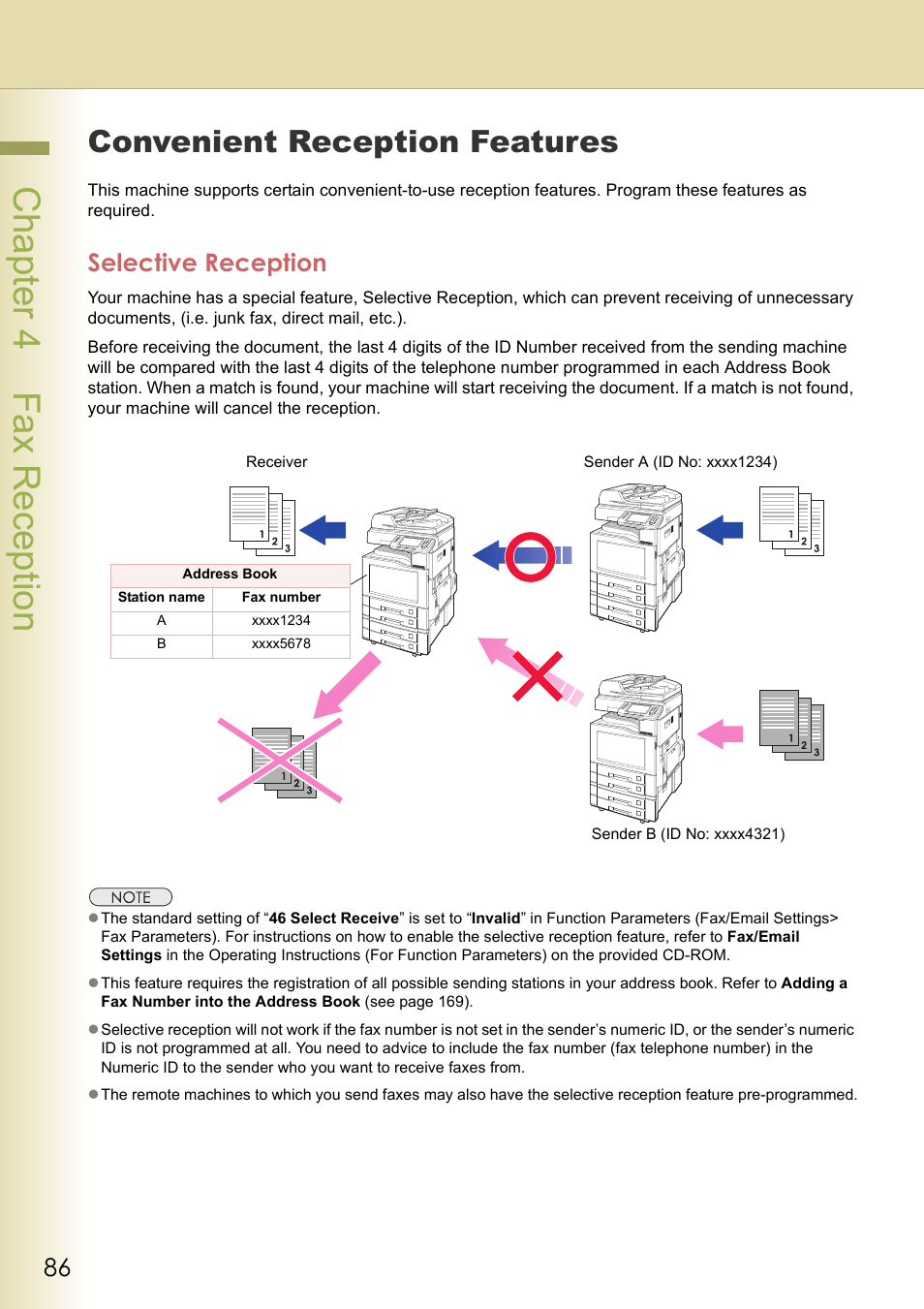 Convenient reception features, Selective reception, Cha pter 4 fax recep tio n | Panasonic DP-C354 User Manual | Page 86 / 220