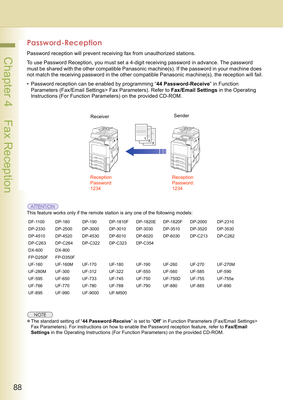 Password-reception, Cha pter 4 fax recep tio n | Panasonic DP-C354 User Manual | Page 88 / 220