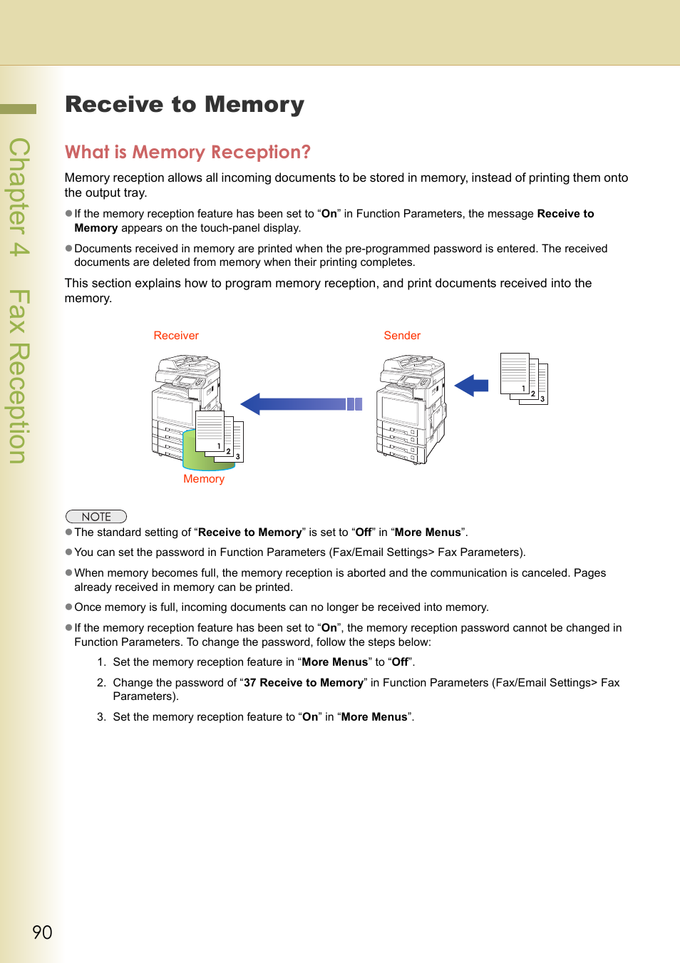 Receive to memory, What is memory reception, Cha pter 4 fax recep tio n | Panasonic DP-C354 User Manual | Page 90 / 220