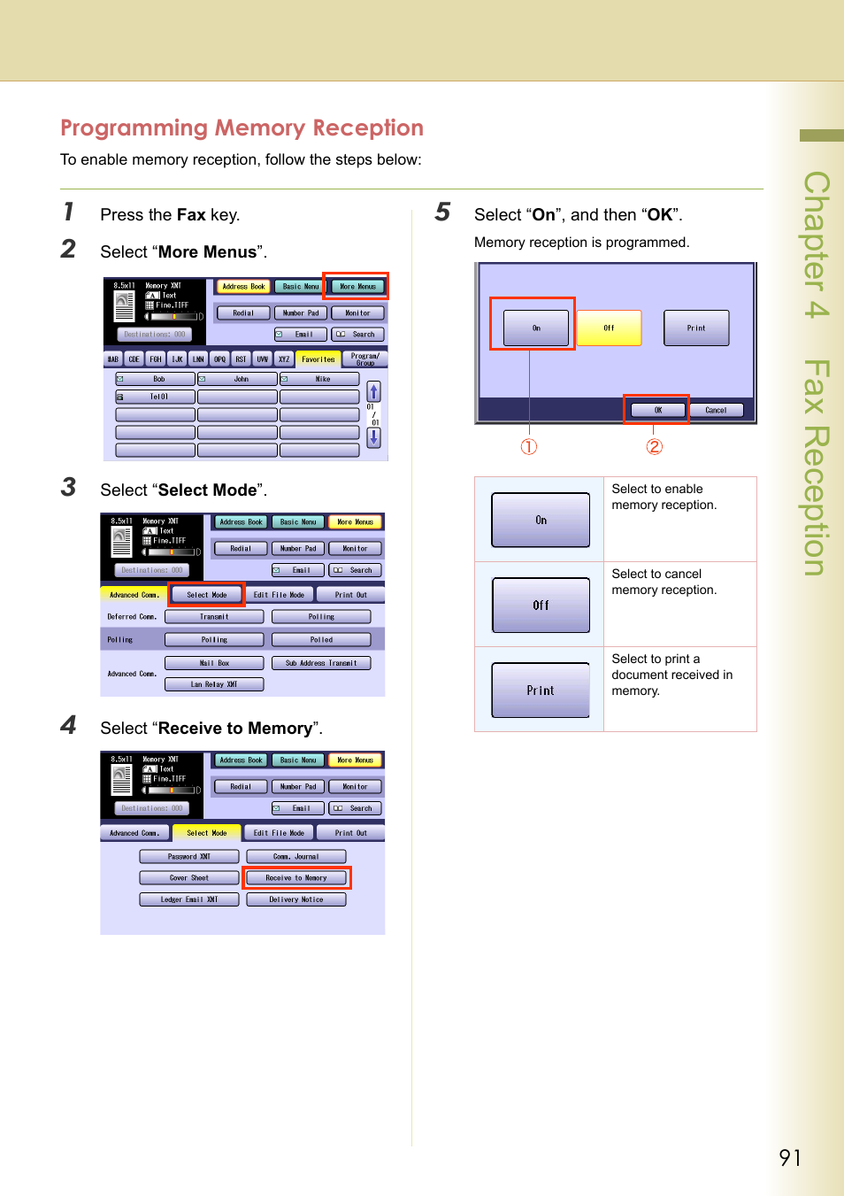 Programming memory reception, Cha pter 4 fax recep tio n | Panasonic DP-C354 User Manual | Page 91 / 220