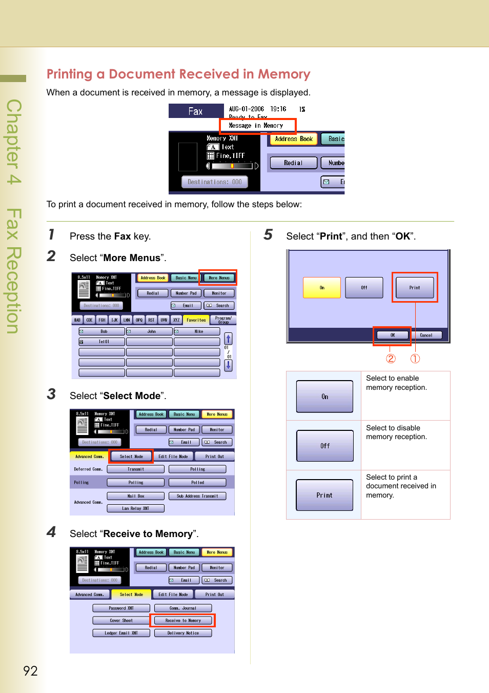 Printing a document received in memory, Cha pter 4 fax recep tio n | Panasonic DP-C354 User Manual | Page 92 / 220