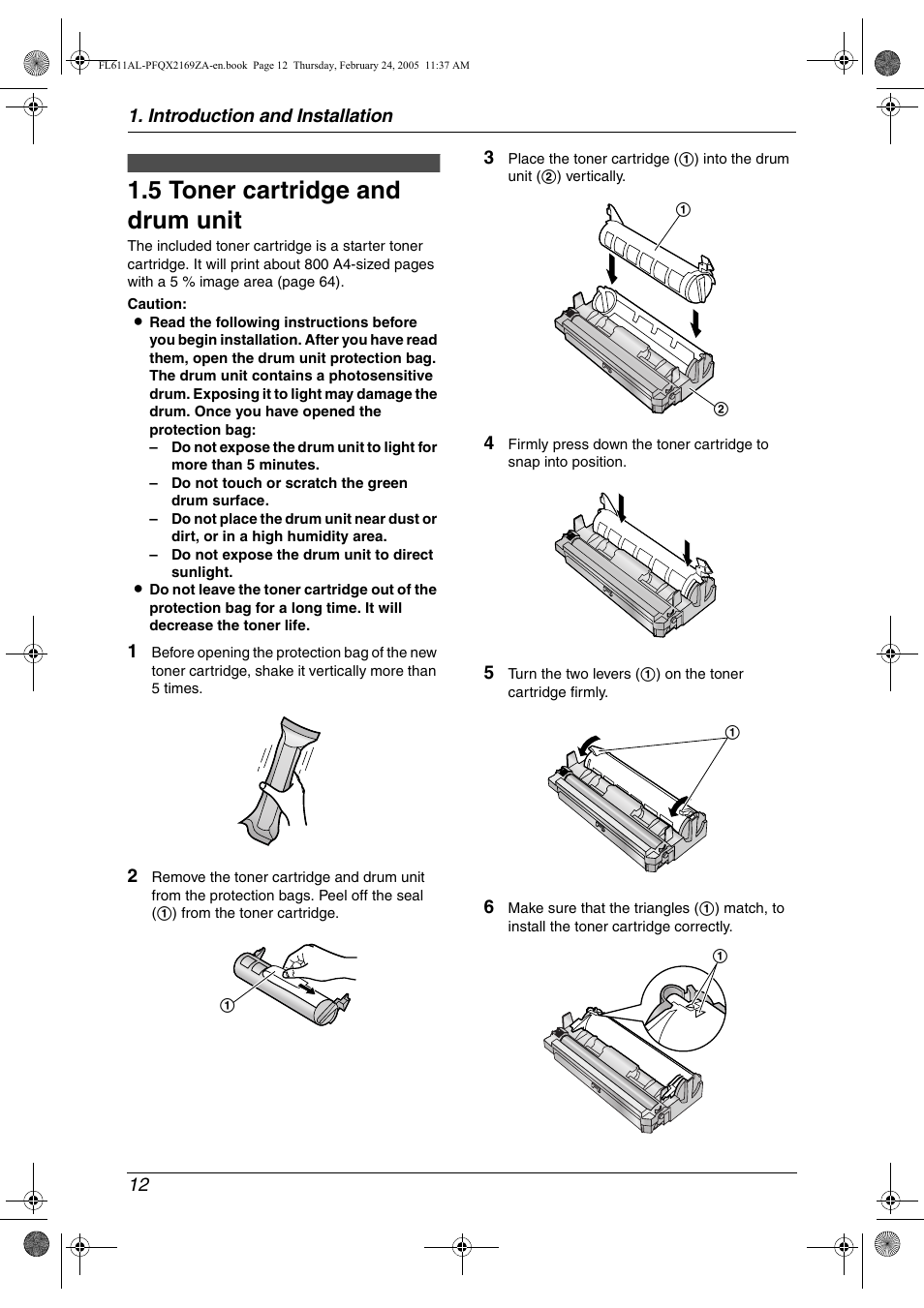 Installation, 5 toner cartridge and drum unit, Toner cartridge and drum unit | 5 toner cartridge and drum unit | Panasonic KX-FL611AL User Manual | Page 14 / 70