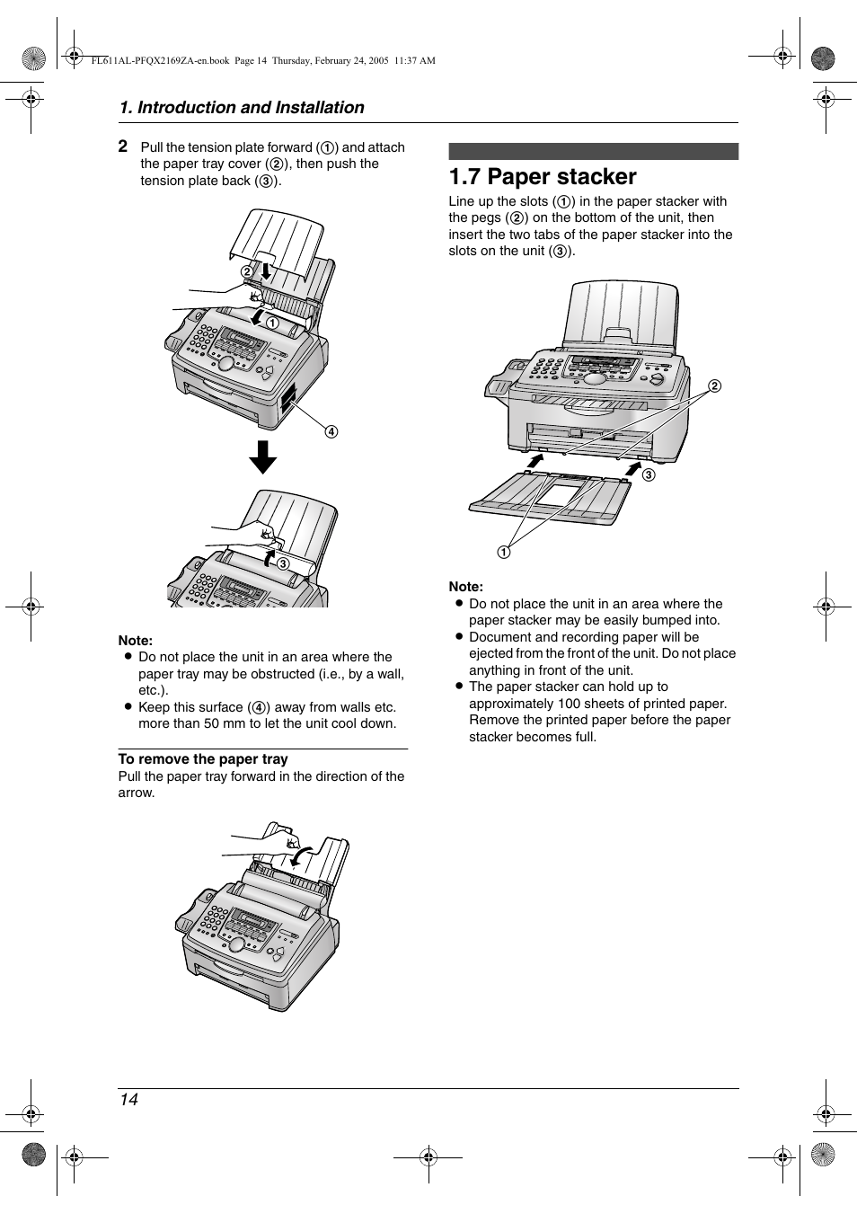 7 paper stacker, Paper stacker, 7 paper stacker | Introduction and installation 14 2 | Panasonic KX-FL611AL User Manual | Page 16 / 70
