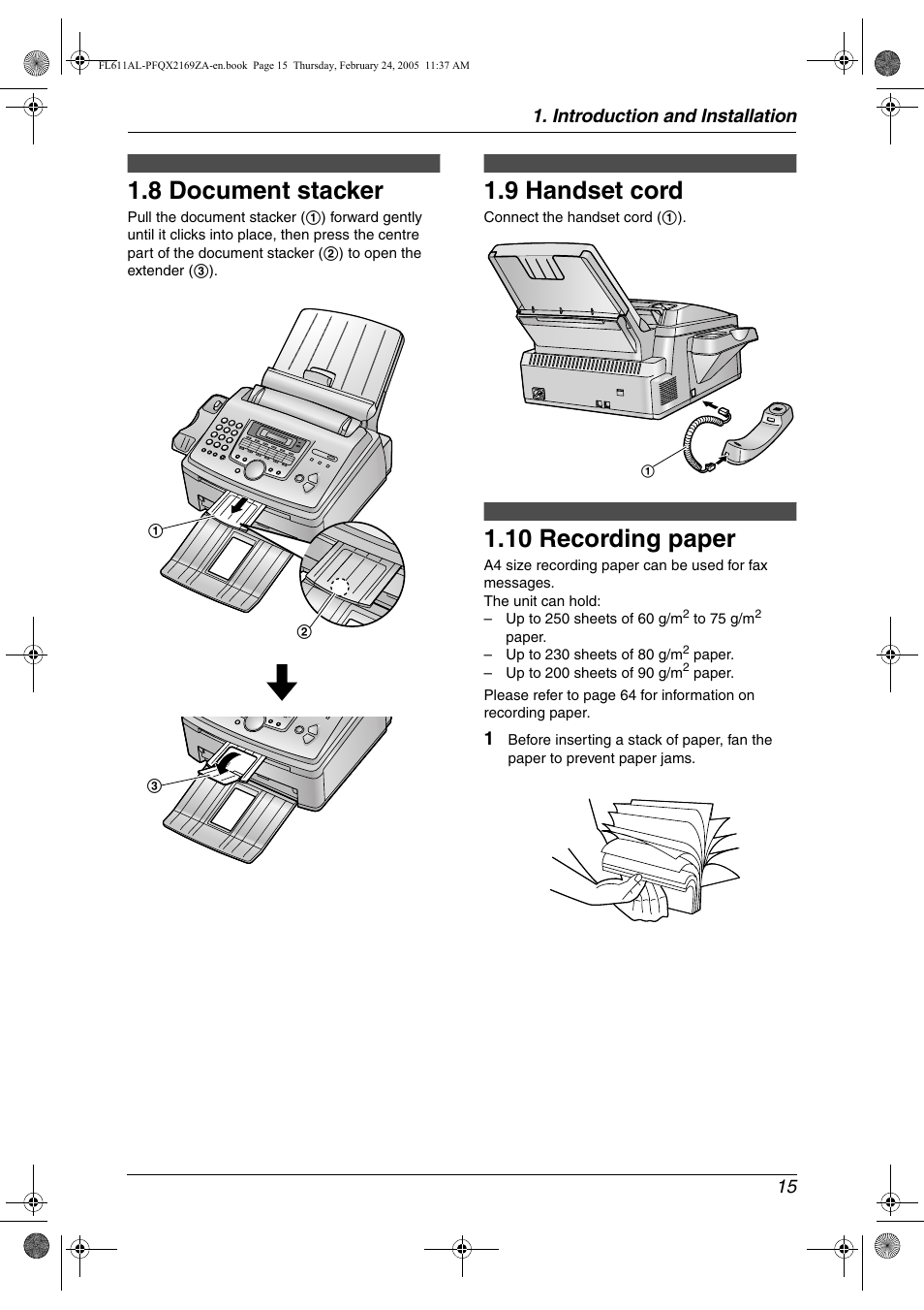 8 document stacker, 9 handset cord, 10 recording paper | Document stacker, Handset cord, Recording paper, 8 document stacker, 9 handset cord, 10 recording paper | Panasonic KX-FL611AL User Manual | Page 17 / 70