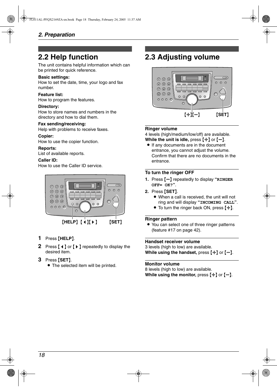 Help button, 2 help function, Volume | 3 adjusting volume, Initial programming, Help function, Adjusting volume, 2 help function, 3 adjusting volume, Preparation 18 | Panasonic KX-FL611AL User Manual | Page 20 / 70