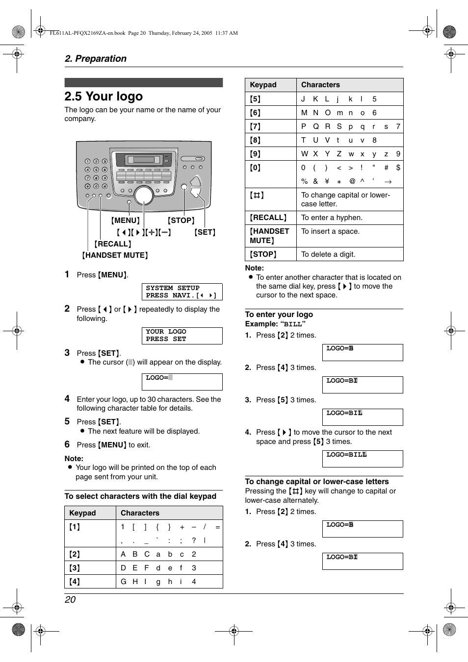 5 your logo, Your logo, 5 your logo | Preparation 20 | Panasonic KX-FL611AL User Manual | Page 22 / 70