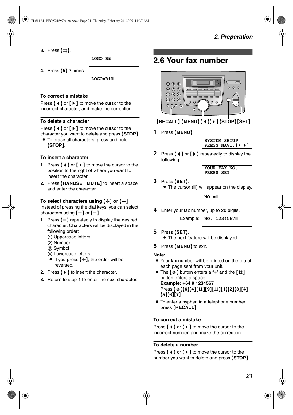 6 your fax number, Your fax number, 6 your fax number | Preparation 21 | Panasonic KX-FL611AL User Manual | Page 23 / 70