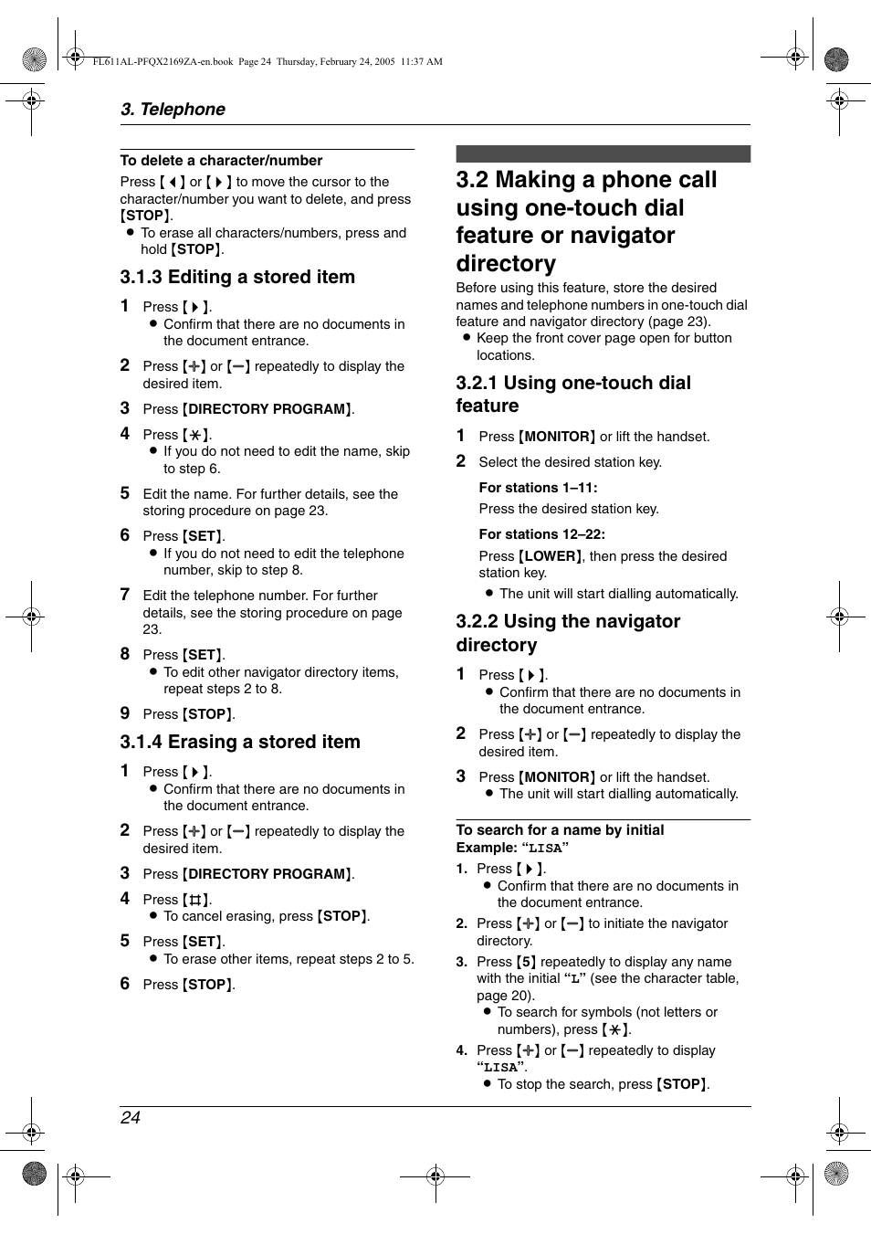 3 editing a stored item, 4 erasing a stored item, 1 using one-touch dial feature | 2 using the navigator directory | Panasonic KX-FL611AL User Manual | Page 26 / 70