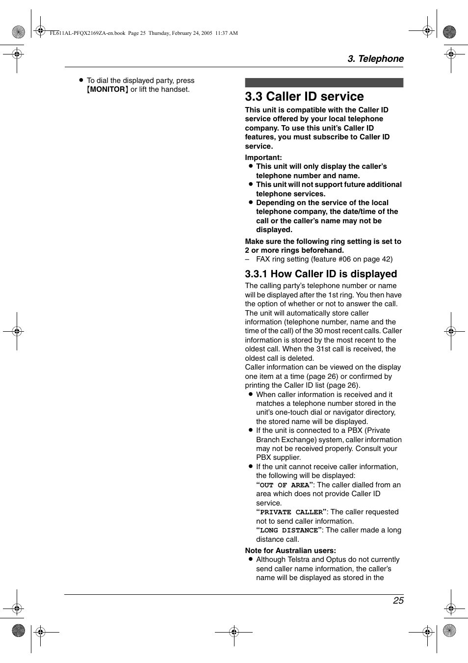 Caller id, 3 caller id service, Caller id service | 3 caller id service, 1 how caller id is displayed, Telephone 25 | Panasonic KX-FL611AL User Manual | Page 27 / 70