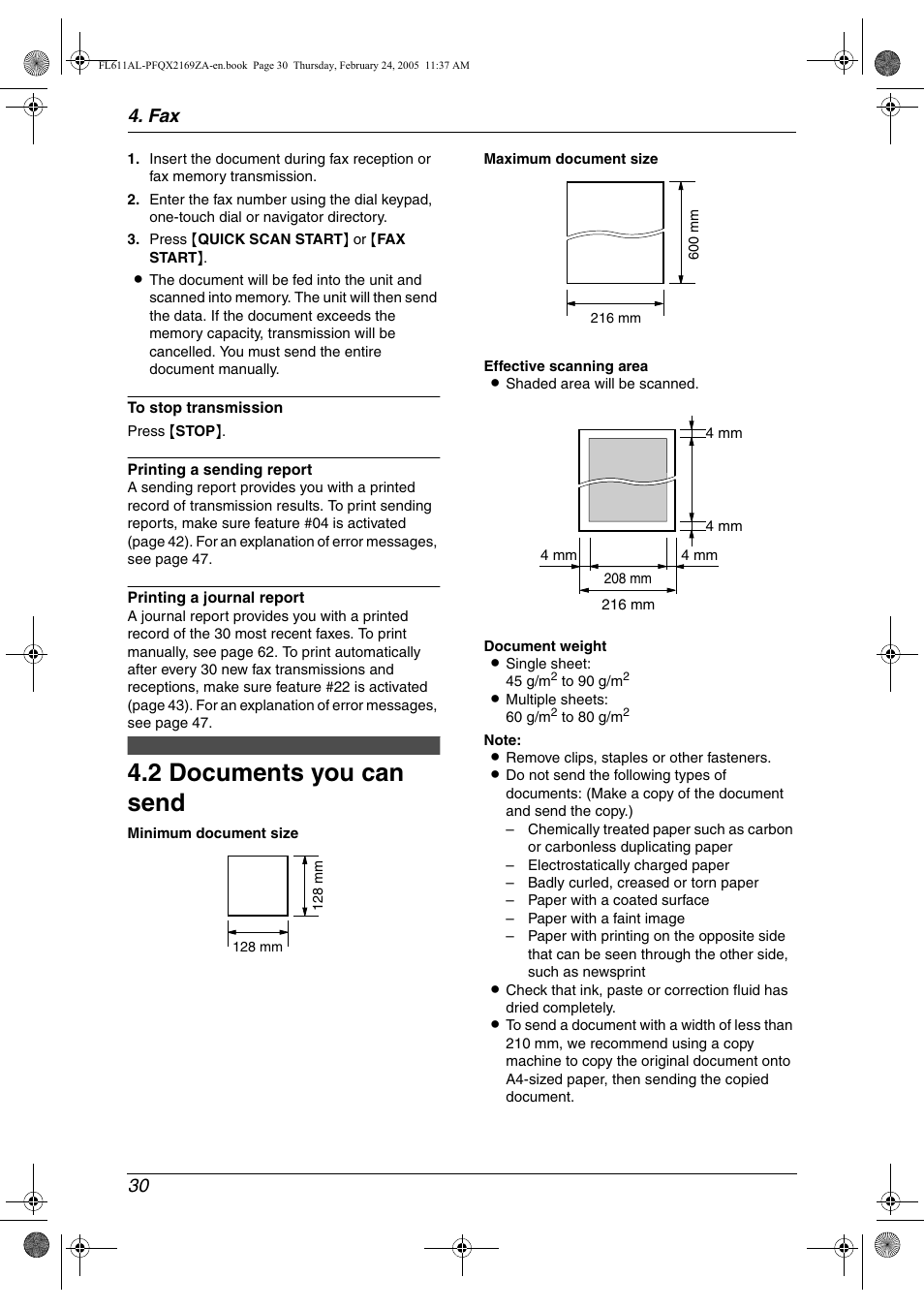 2 documents you can send, Documents you can send, 2 documents you can send | Fax 30 | Panasonic KX-FL611AL User Manual | Page 32 / 70