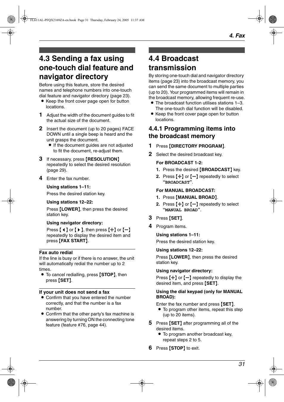 4 broadcast transmission, Broadcast transmission, 4 broadcast transmission | Panasonic KX-FL611AL User Manual | Page 33 / 70