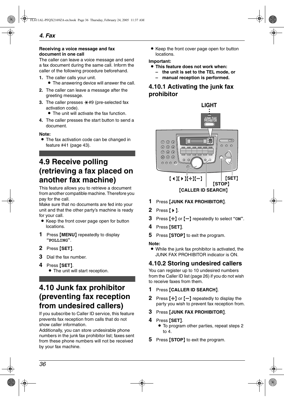 Junk fax prohibitor (preventing fax, Reception from undesired callers), 1 activating the junk fax prohibitor | 2 storing undesired callers | Panasonic KX-FL611AL User Manual | Page 38 / 70
