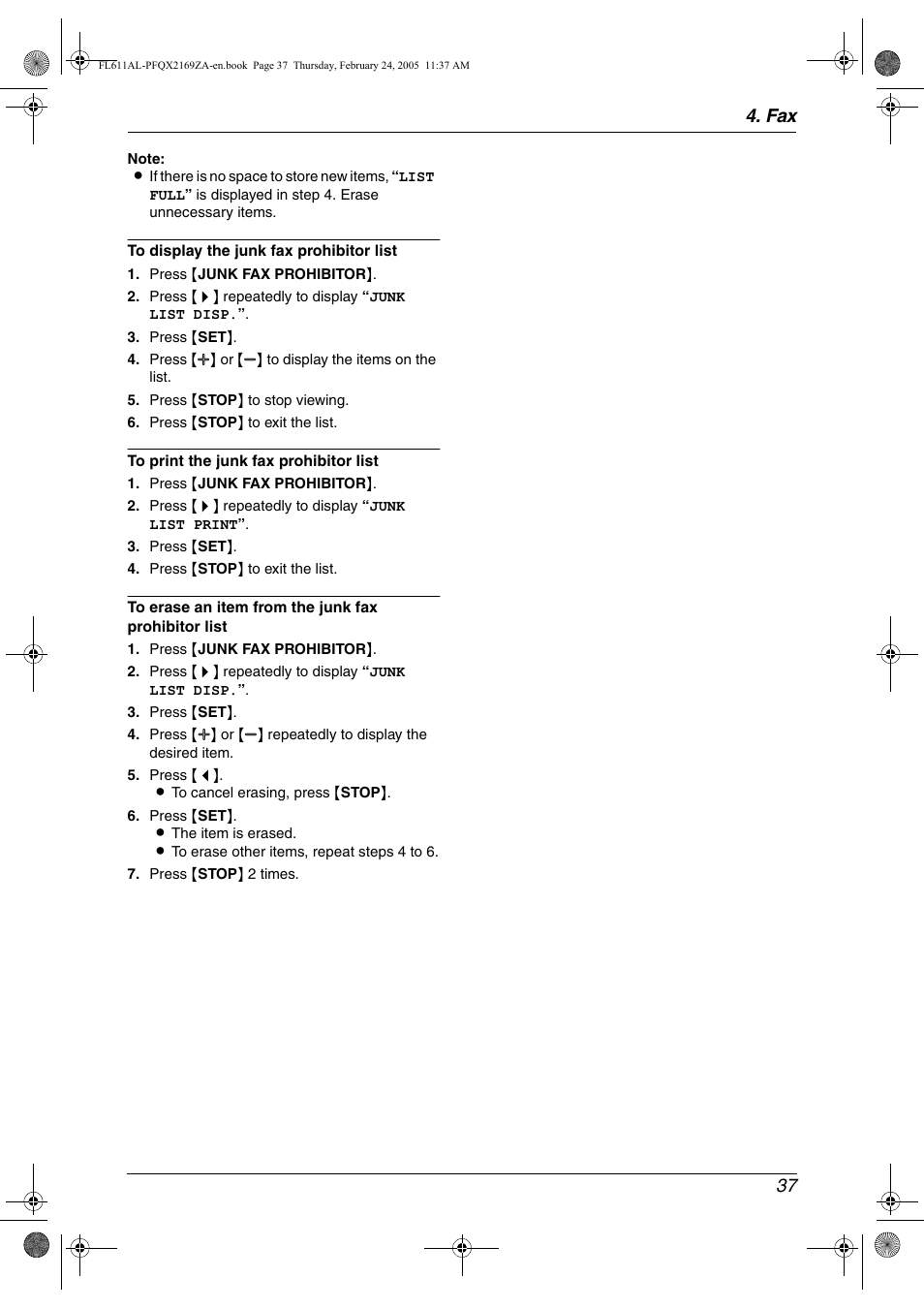 Fax 37 | Panasonic KX-FL611AL User Manual | Page 39 / 70