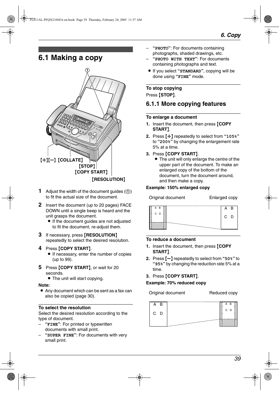 Copy, Copying, 1 making a copy | Making a copy, 1 making a copy, 1 more copying features, Copy 39 | Panasonic KX-FL611AL User Manual | Page 41 / 70