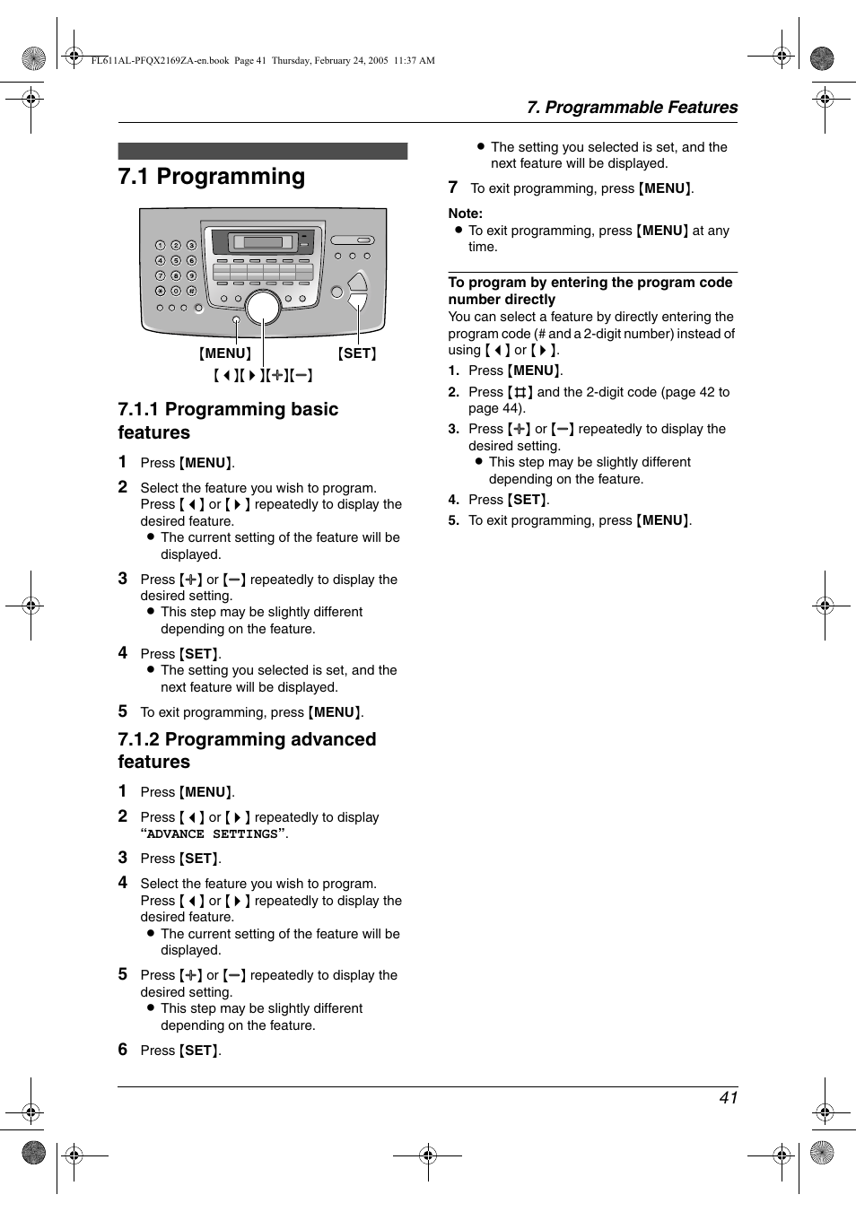 Programmable features, Features summary, 1 programming | Programming, 1 programming, 1 programming basic features, 2 programming advanced features | Panasonic KX-FL611AL User Manual | Page 43 / 70