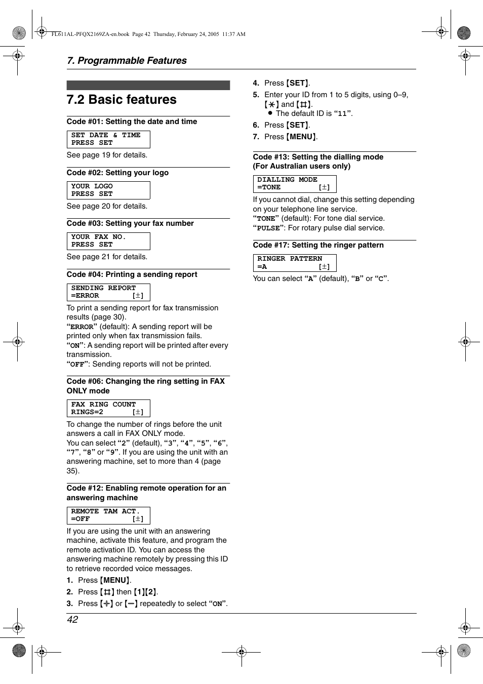 2 basic features, Basic features, 2 basic features | Programmable features 42 | Panasonic KX-FL611AL User Manual | Page 44 / 70
