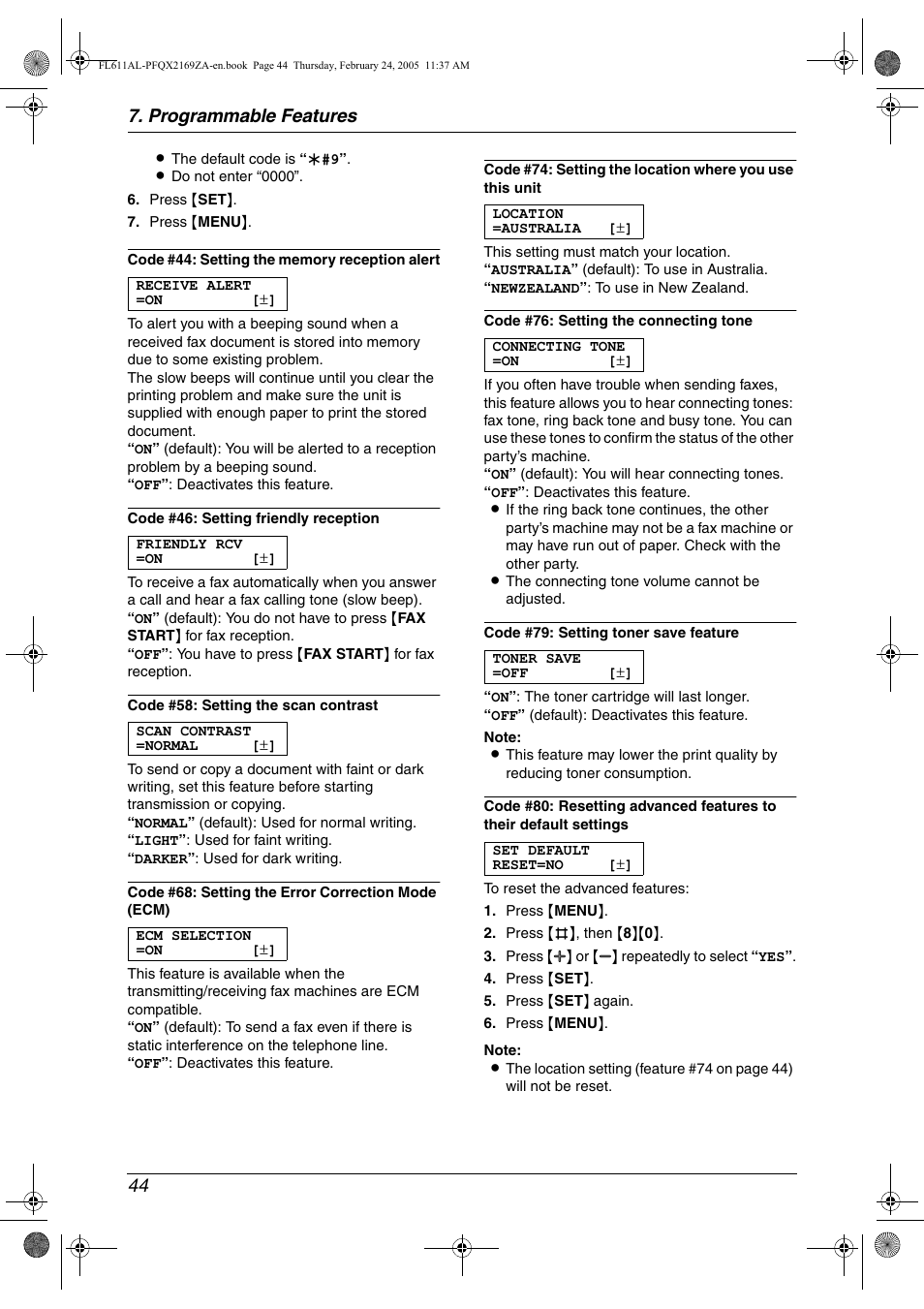 Programmable features 44 | Panasonic KX-FL611AL User Manual | Page 46 / 70