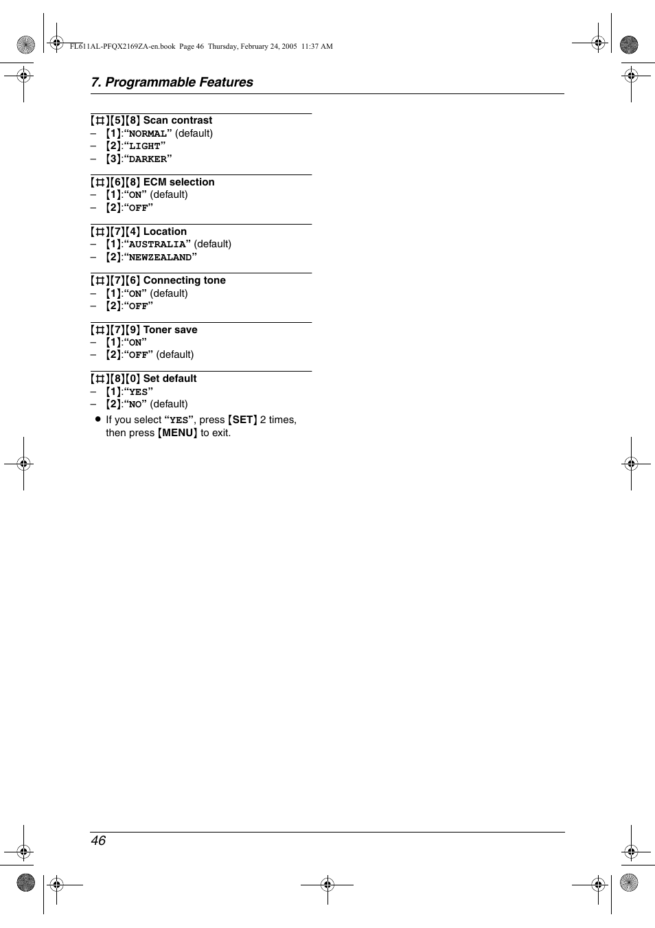 Programmable features 46 | Panasonic KX-FL611AL User Manual | Page 48 / 70