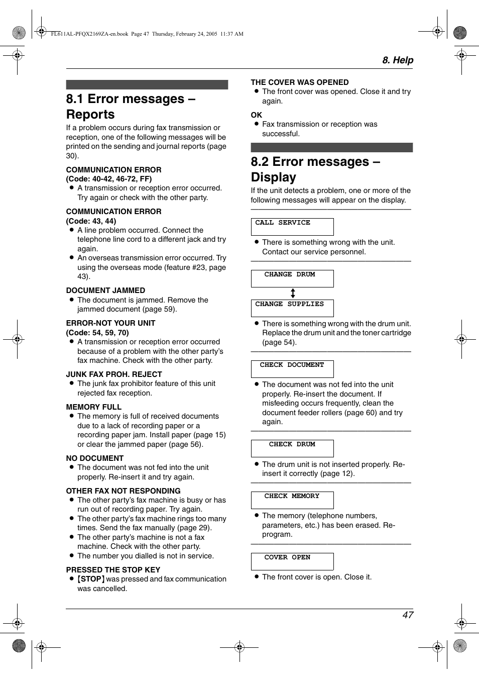 Help, Error messages, 1 error messages – reports | 2 error messages – display, Error messages – reports, Error messages – display, 1 error messages – reports, 2 error messages – display, Help 47 | Panasonic KX-FL611AL User Manual | Page 49 / 70