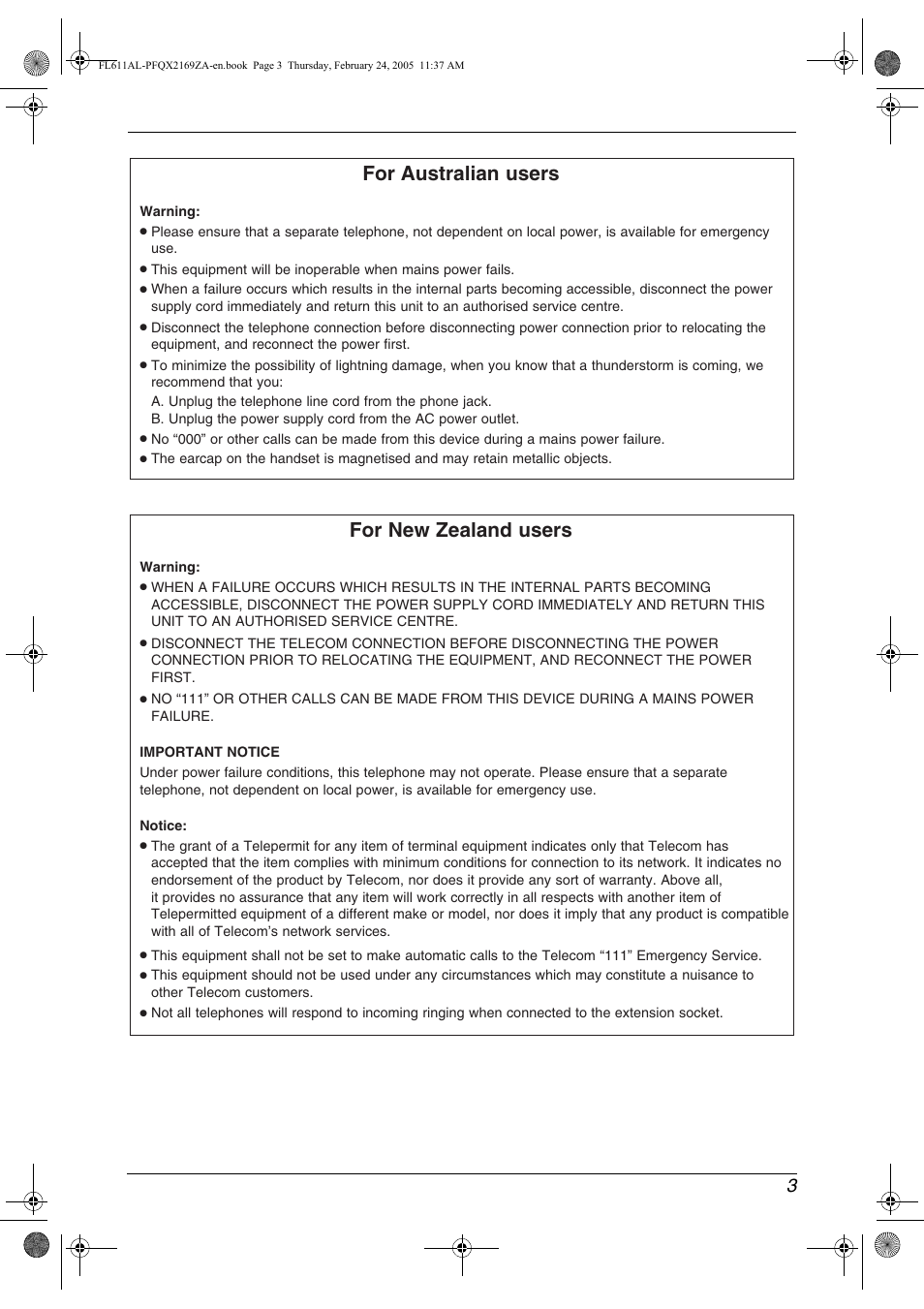 For australian users, For new zealand users | Panasonic KX-FL611AL User Manual | Page 5 / 70