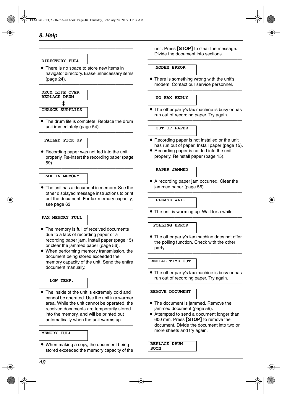 Help 48 | Panasonic KX-FL611AL User Manual | Page 50 / 70
