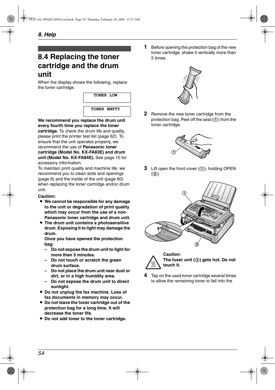 Replacement, 4 replacing the toner cartridge and the drum unit, Replacing the toner cartridge and the drum unit | 4 replacing the toner cartridge and the drum unit, Help 54 | Panasonic KX-FL611AL User Manual | Page 56 / 70