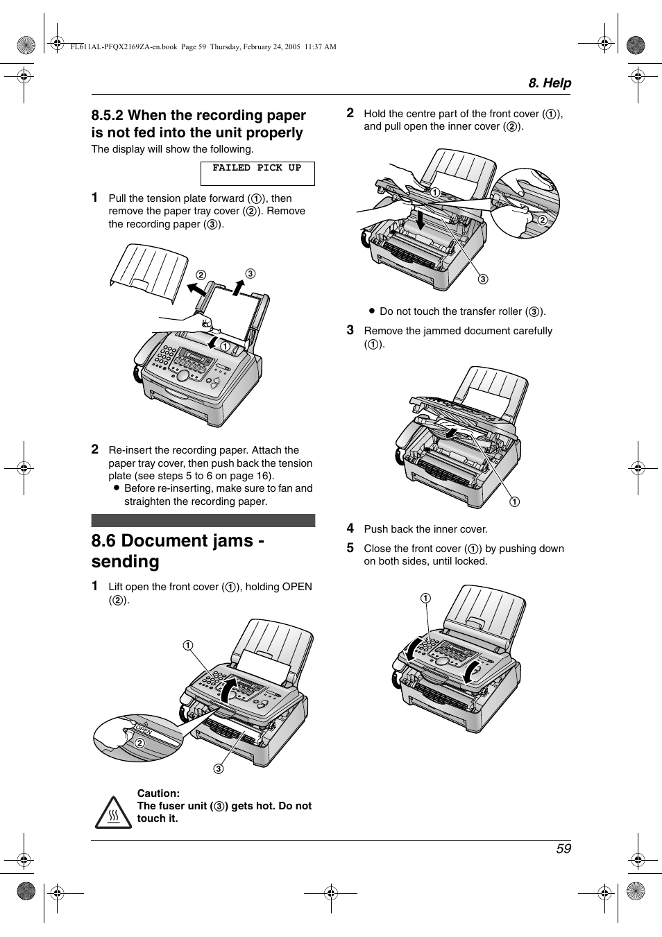 6 document jams - sending, Document jams - sending, 6 document jams - sending | Panasonic KX-FL611AL User Manual | Page 61 / 70