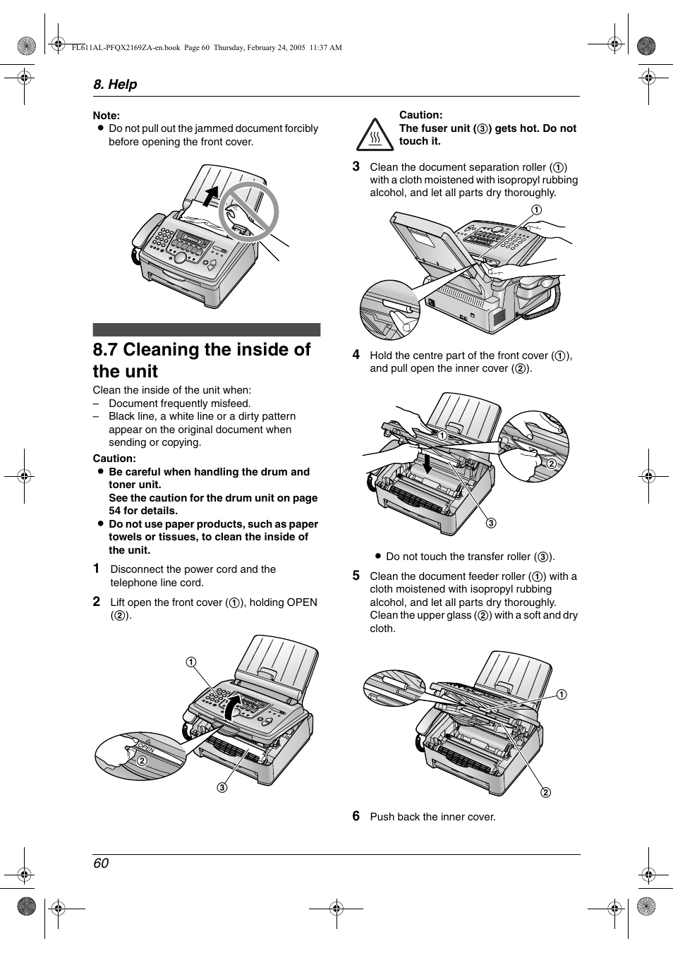 Cleaning, 7 cleaning the inside of the unit, Cleaning the inside of the unit | 7 cleaning the inside of the unit, Help 60 | Panasonic KX-FL611AL User Manual | Page 62 / 70