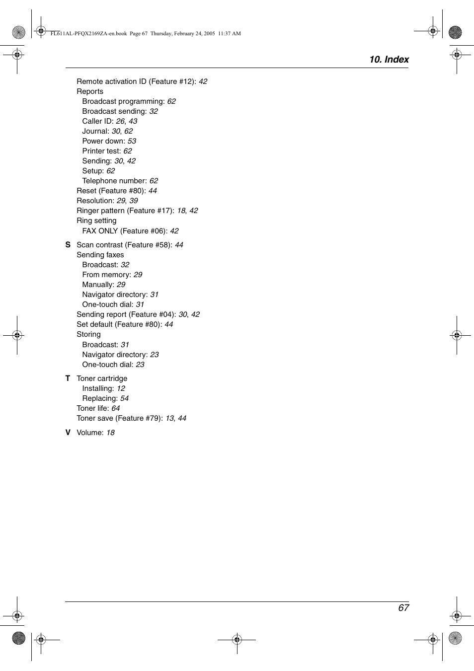 Index 67 | Panasonic KX-FL611AL User Manual | Page 69 / 70