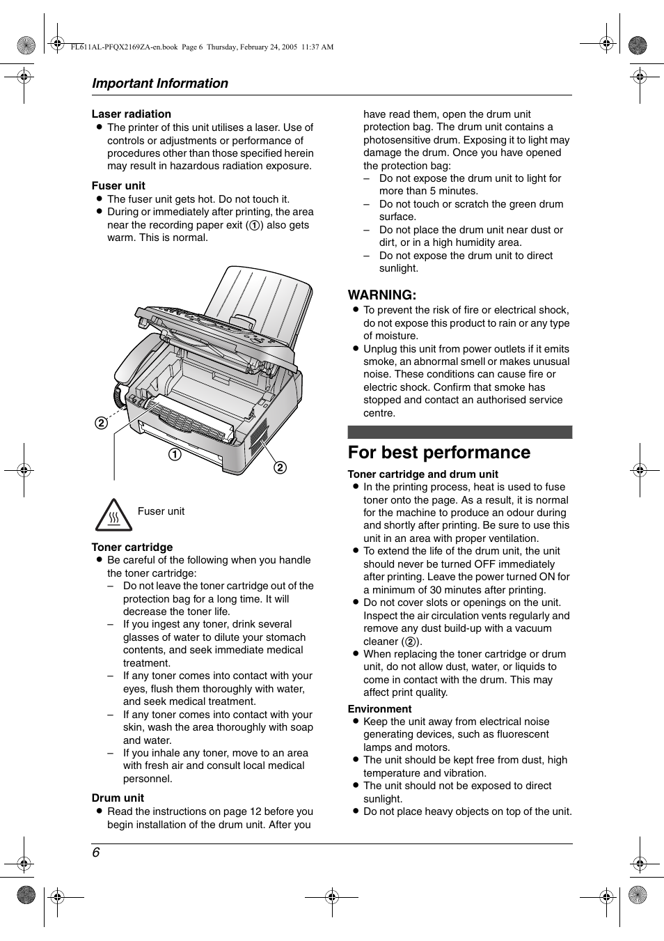 For best performance, Important information 6, Warning | Panasonic KX-FL611AL User Manual | Page 8 / 70