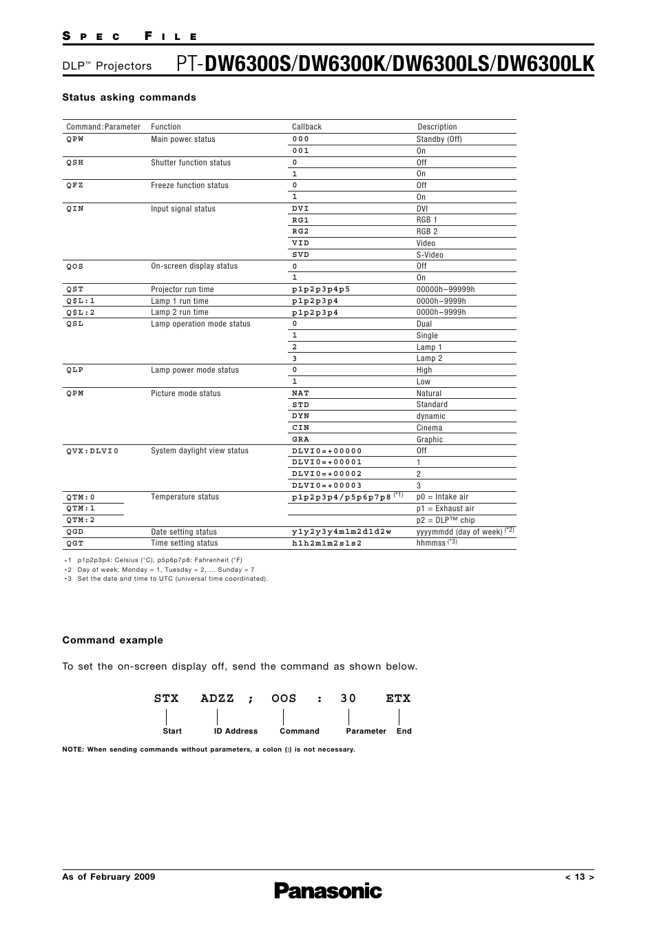 Status asking commands, Command example, Adzz oos : 30 ; etx | Projectors | Panasonic DW6300K User Manual | Page 13 / 14