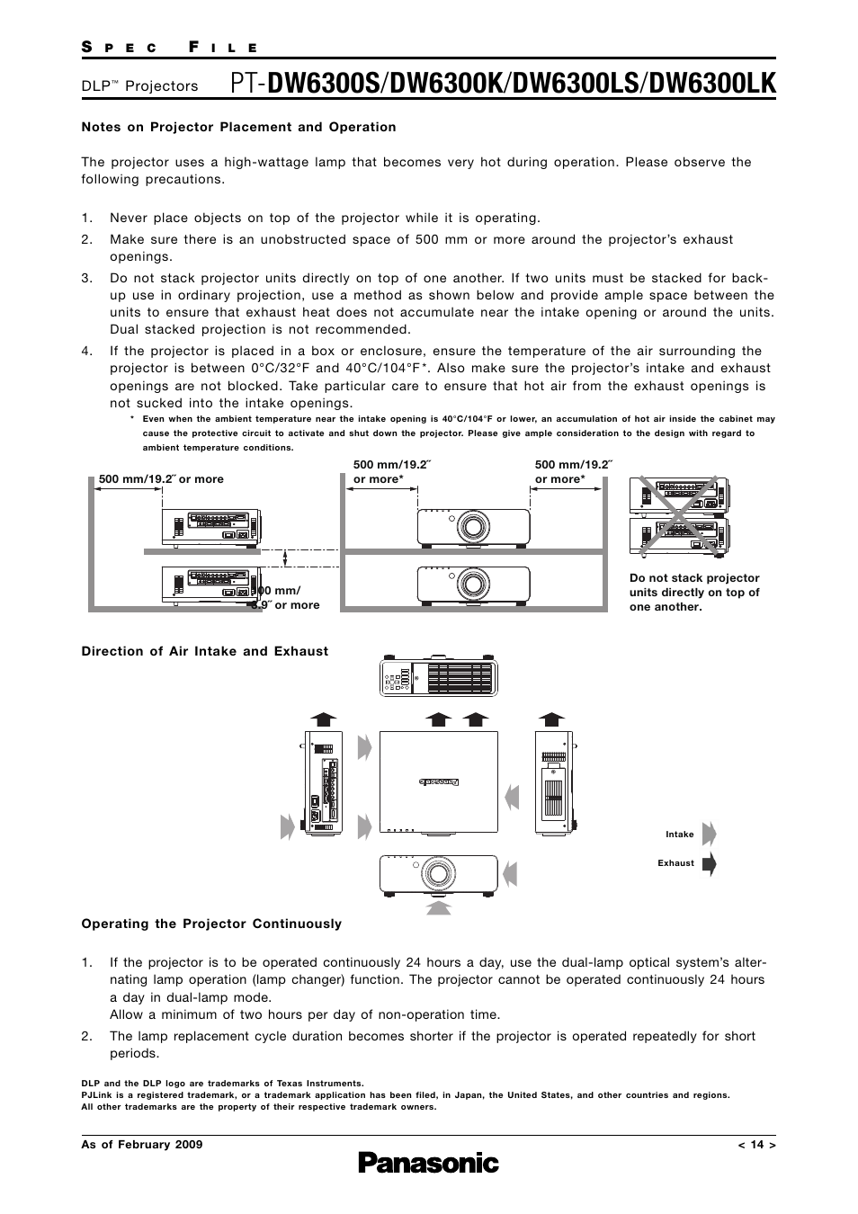 Notes on projector placement and operation, Direction of air intake and exhaust, Operating the projector continuously | Panasonic DW6300K User Manual | Page 14 / 14