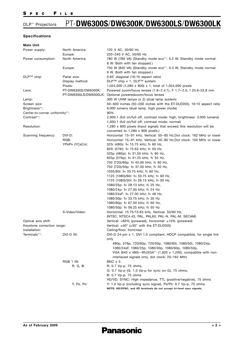 Specifications, Projectors | Panasonic DW6300K User Manual | Page 2 / 14