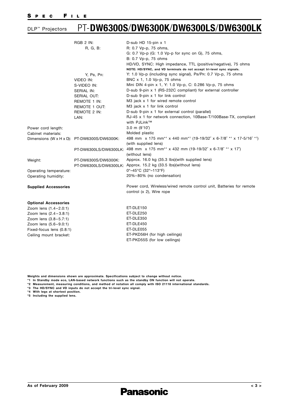 Specifications - 2, Projectors | Panasonic DW6300K User Manual | Page 3 / 14