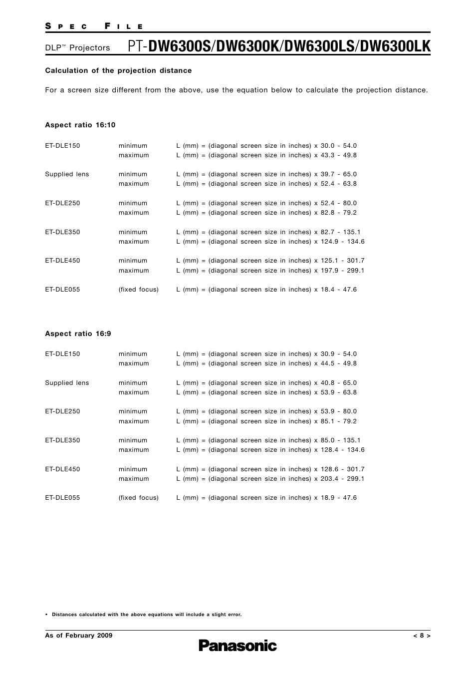 Calculation of the projection distance | Panasonic DW6300K User Manual | Page 8 / 14