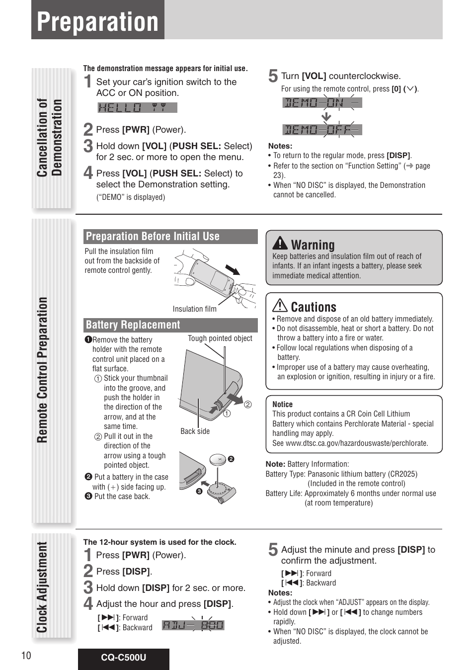 Preparation (clock adjustment etc.), Preparation, Cautions | Warning, Clock adjustment | Panasonic CQ-C500U User Manual | Page 10 / 88