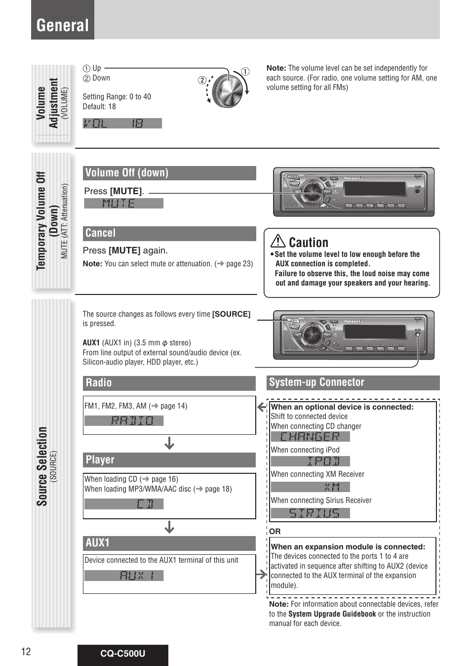 General, Source selection, Caution | Volume off (down), Cancel, Volume adjustment, Temporar y v olume off (down), Radio, Player, Aux1 | Panasonic CQ-C500U User Manual | Page 12 / 88