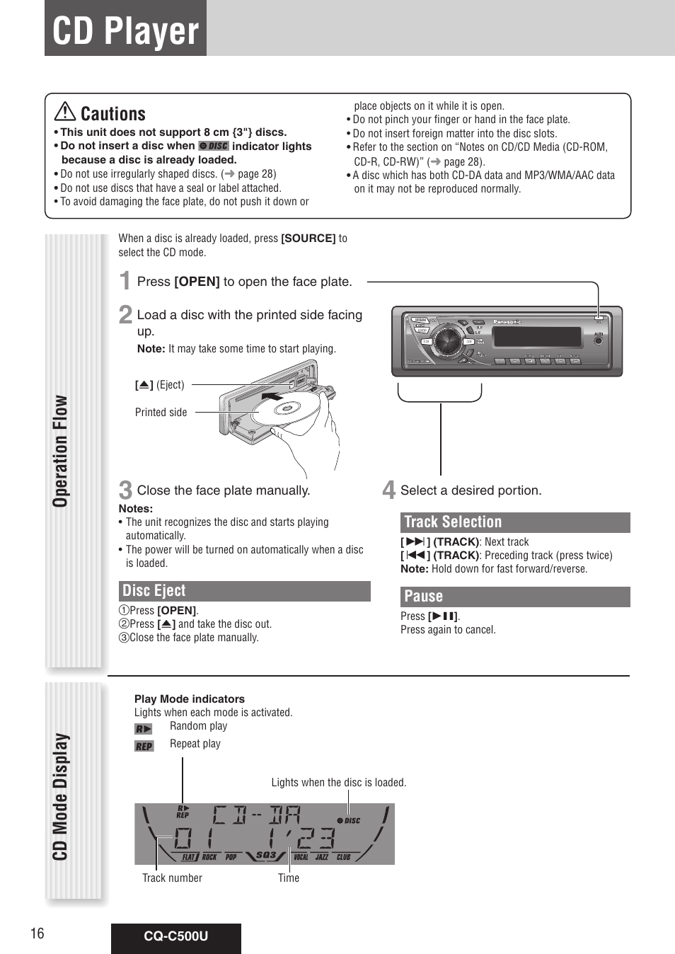 Cd player, Cautions, Operation flow | Cd mode display | Panasonic CQ-C500U User Manual | Page 16 / 88