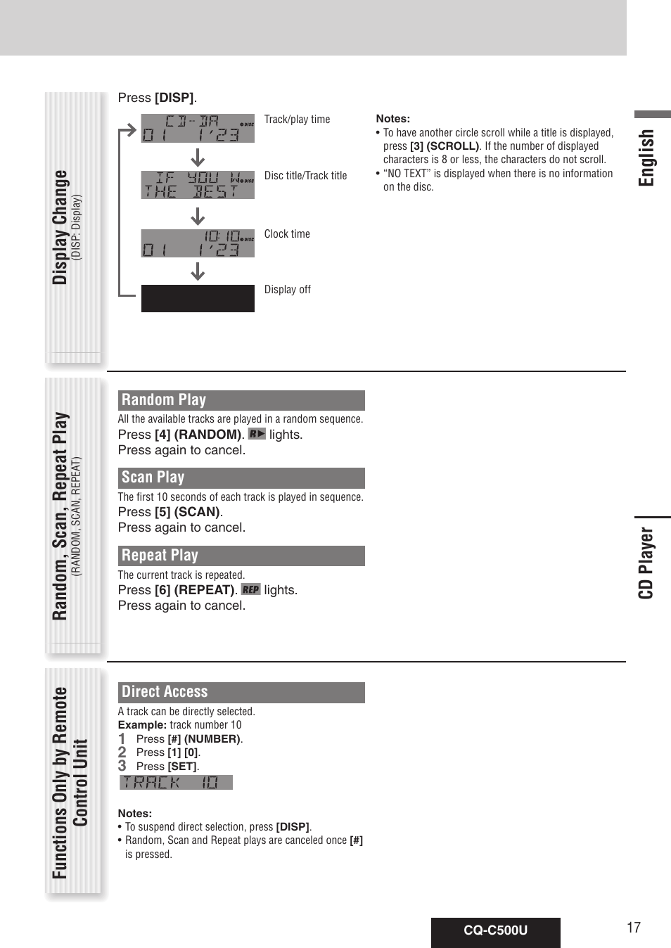 English, Random, scan, repeat play, Functions only by remote control unit | Cd player, Display change, Random play, Scan play, Repeat play, Direct access | Panasonic CQ-C500U User Manual | Page 17 / 88