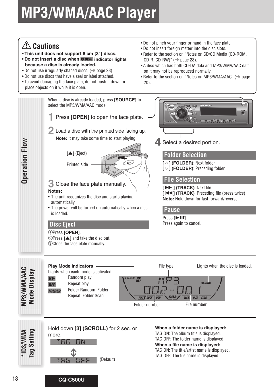 Mp3/wma/aac player, Operation flow, Cautions | Folder selection, File selection, Pause, Mp3/wma/aac mode display, Id3/wma tag setting, Disc eject | Panasonic CQ-C500U User Manual | Page 18 / 88