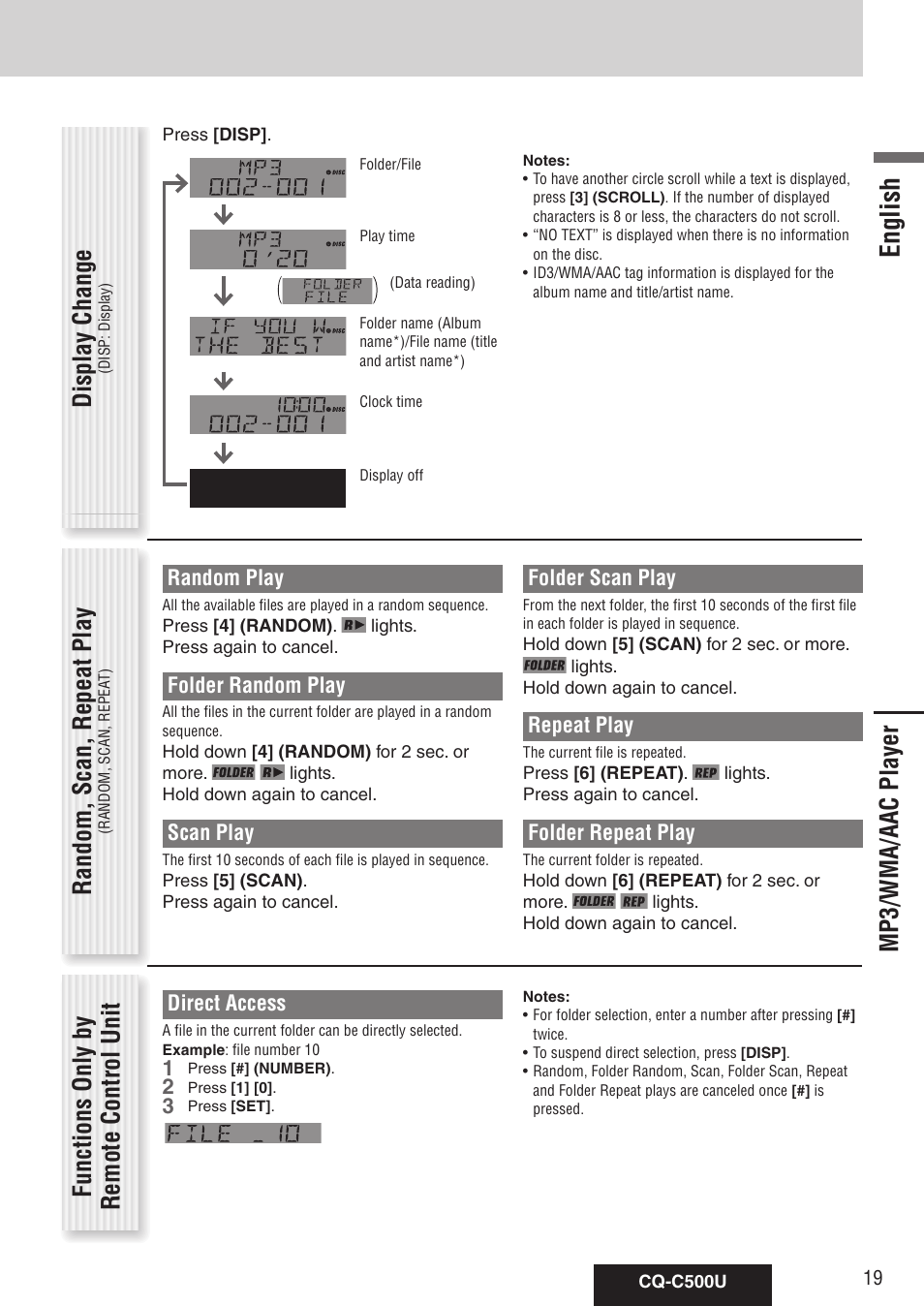 English, Random, scan, repeat play, Display change | Direct access, Random play, Folder random play, Scan play, Folder scan play, Repeat play, Folder repeat play | Panasonic CQ-C500U User Manual | Page 19 / 88