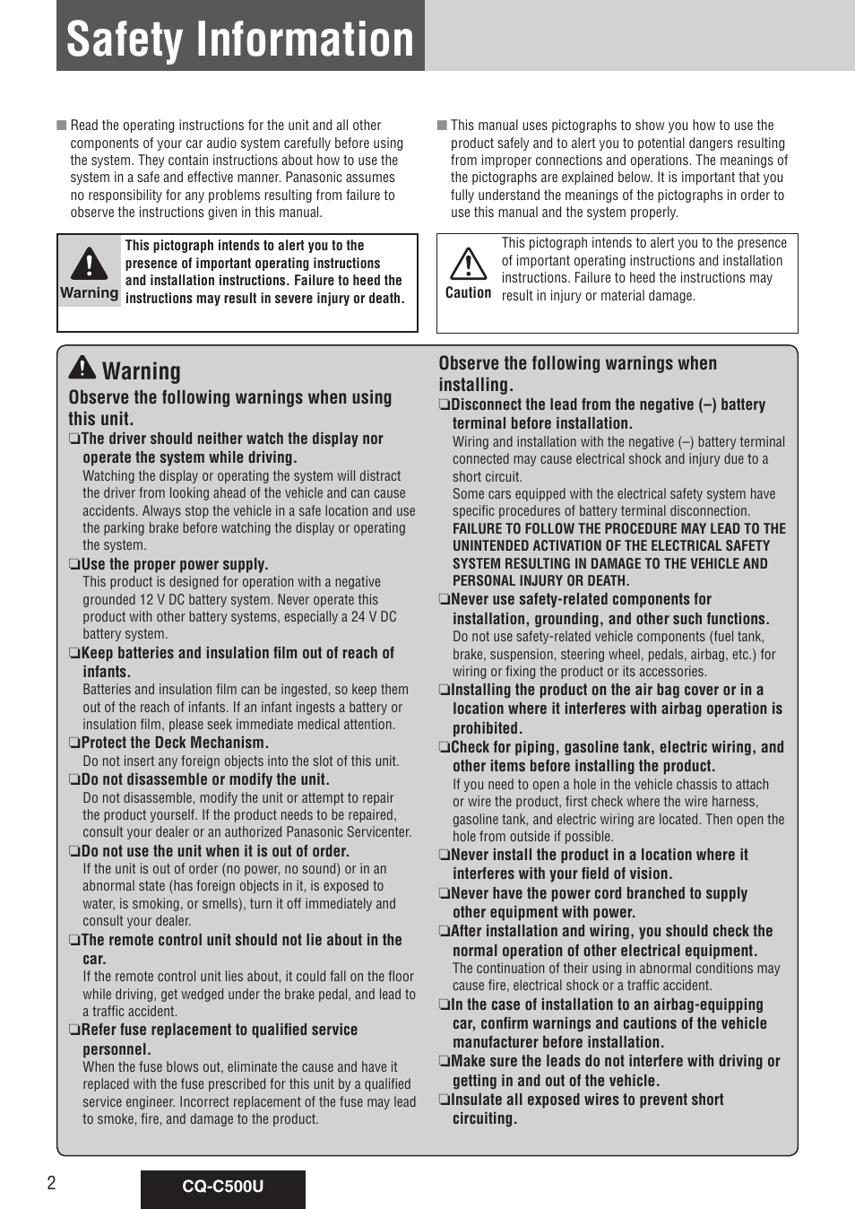 Common, Safety information, Warning | Panasonic CQ-C500U User Manual | Page 2 / 88