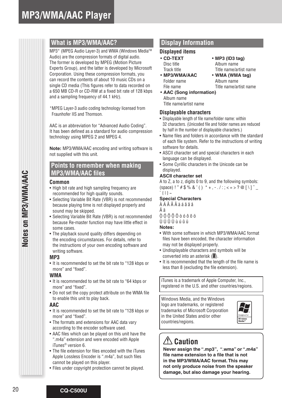 Mp3/wma/aac player, Caution, What is mp3/wma/aac | Points to remember when making mp3/wma/aac files, Display information | Panasonic CQ-C500U User Manual | Page 20 / 88