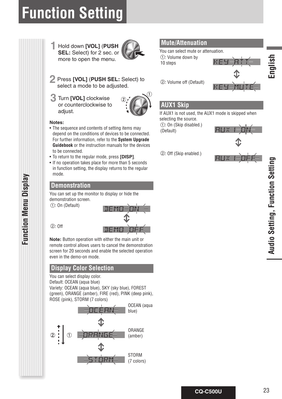 Function setting, English, Audio setting, function setting | Function menu display | Panasonic CQ-C500U User Manual | Page 23 / 88